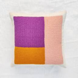 Embroidered Boho Throw Pillow Cover Purple, Mustard & Ivory Cotton Cushion