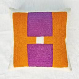 Embroidered Boho Throw Pillow Cover Purple, Mustard & Ivory Cotton Cushion - thumbnail 3