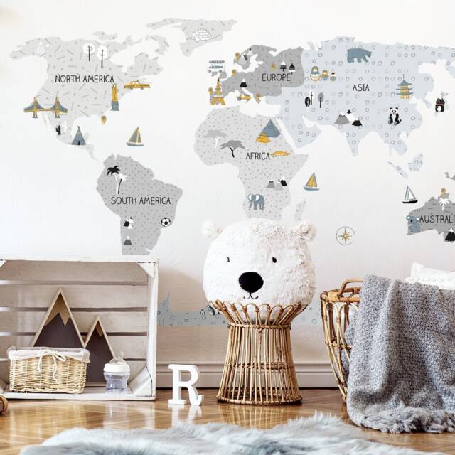 World Map Wall Decal For Kids/Nursery Decor Kid World Map Stickers Wallpaper Grey - image 1