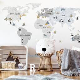 World Map Wall Decal For Kids/Nursery Decor Kid World Map Stickers Wallpaper Grey - thumbnail 1