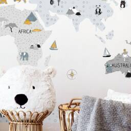 World Map Wall Decal For Kids/Nursery Decor Kid World Map Stickers Wallpaper Grey - thumbnail 3
