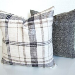Charcoal Pillows Black Throw Pillow Covers Tan Check, Gray Plaid Striped Home Decor - thumbnail 2