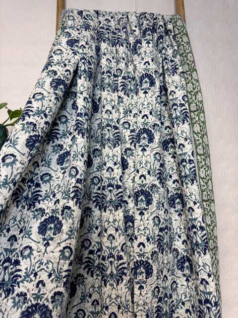 Kantha Stitch Pure Cotton Reversible Bed/Sofa Throw King Size - Handmade Handprinted Floral Dohar Regal White Grey Blue Sage - image 1