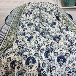 Kantha Stitch Pure Cotton Reversible Bed/Sofa Throw King Size - Handmade Handprinted Floral Dohar Regal White Grey Blue Sage - thumbnail 3