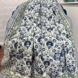 Kantha Stitch Pure Cotton Reversible Bed/Sofa Throw King Size - Handmade Handprinted Floral Dohar Regal White Grey Blue Sage - thumbnail 2