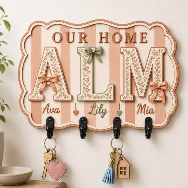 Personalized Wooden Key Holder, Roommate Photo Strip, Custom Holder For Wall, Stripe Family Name Rack - image 1