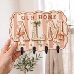 Personalized Wooden Key Holder, Roommate Photo Strip, Custom Holder For Wall, Stripe Family Name Rack - thumbnail 2