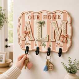 Personalized Wooden Key Holder, Roommate Photo Strip, Custom Holder For Wall, Stripe Family Name Rack - thumbnail 3