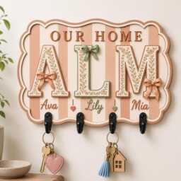 Personalized Wooden Key Holder, Roommate Photo Strip, Custom Holder For Wall, Stripe Family Name Rack