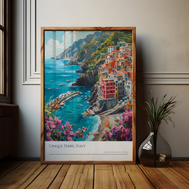 Cinque Terre Italy Poster Coastal Oil Paint Style Print - image 1