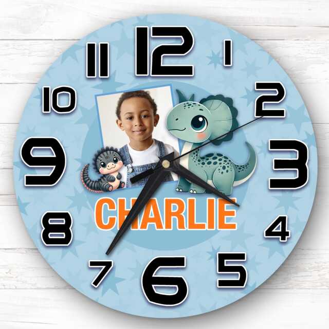 Dinosaurs Photo Personalised Gift For Kid's Bedroom Clock - Kids Clock, Children's Decor, Custom Wall - image 1