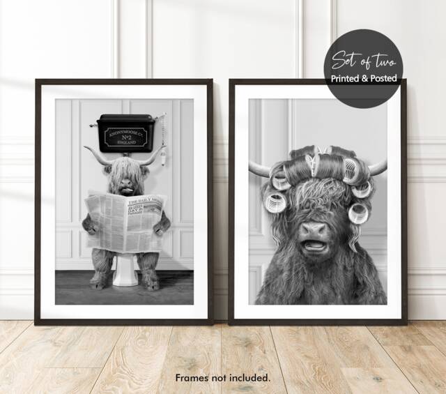 Set Of 2, His & Hers, Highland Cow Funny Bathroom Prints, On The Toilet in Hair Curlers, Valentines Day Or Anniversary Prints - image 1