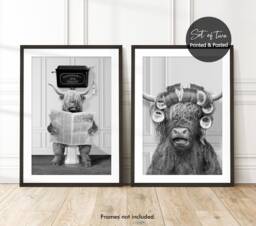 Set Of 2, His & Hers, Highland Cow Funny Bathroom Prints, On The Toilet in Hair Curlers, Valentines Day Or Anniversary Prints - thumbnail 1