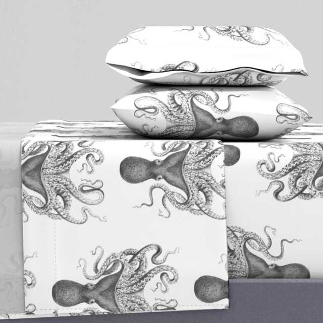 Nautical Octopi Sheets - Octopus Oasis Charcoal By Willowlanetextiles Ocean Sea Life Cotton Sateen Sheet Set Bedding Spoonflower - image 1