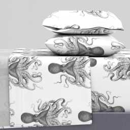 Nautical Octopi Sheets - Octopus Oasis Charcoal By Willowlanetextiles Ocean Sea Life Cotton Sateen Sheet Set Bedding Spoonflower