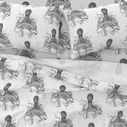 Nautical Octopi Sheets - Octopus Oasis Charcoal By Willowlanetextiles Ocean Sea Life Cotton Sateen Sheet Set Bedding Spoonflower - thumbnail 3