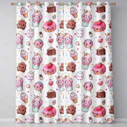 Kawaii Desserts Cupcakes Donuts & Sweets On Grey Background Seamless Pattern Readymade Eyelet Ring Top Thermal 100% Blackout Curtains - thumbnail 2