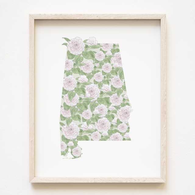 Alabama State Flower Map Watercolor Camellia - Art Print Wall Graduation Wedding Anniversary Realtor Moving Gift South Southern Us - image 1
