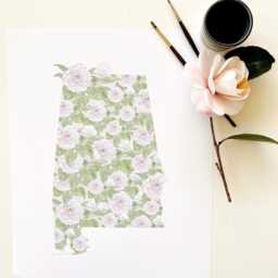 Alabama State Flower Map Watercolor Camellia - Art Print Wall Graduation Wedding Anniversary Realtor Moving Gift South Southern Us - thumbnail 3