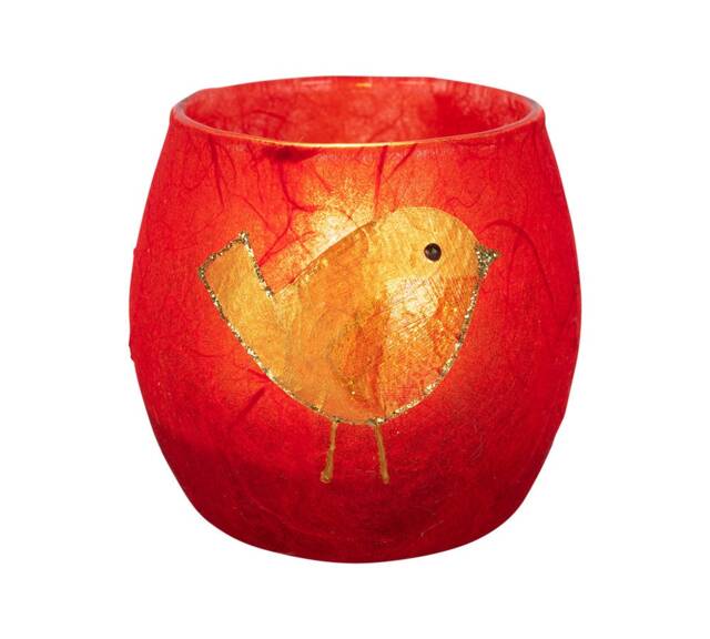 Red Robin Candle Holder - Hand Decorated Christmas Strawsilk Glass Includes Led Battery Tealight - image 1