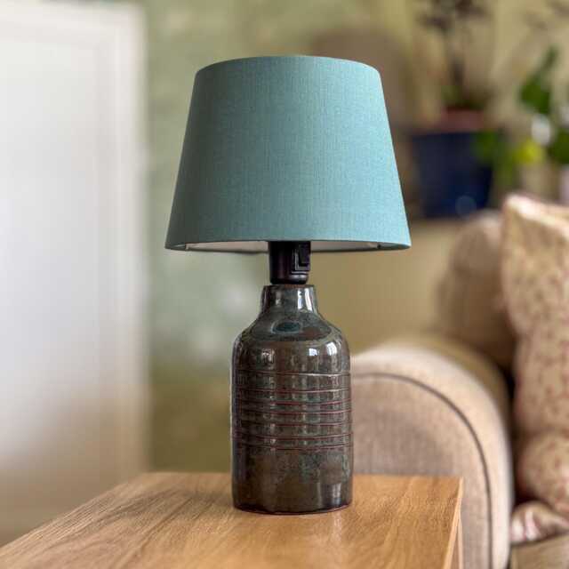 Handmade Ceramic Table Lamp - Dark Blue-Green Glaze, Cotton Lampshade - image 1