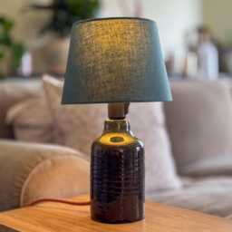 Handmade Ceramic Table Lamp - Dark Blue-Green Glaze, Cotton Lampshade - thumbnail 2