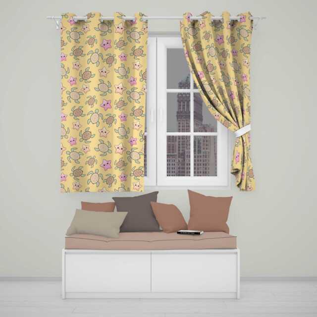Cute Sea Turtles & Starfish Kawaii Yellow Ocean Seamless Pattern Readymade Eyelet Ring Top Thermal 100% Blackout Curtains - image 1