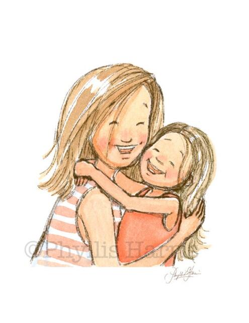 Wall Art - Mother & Daughter Embrace Child Art- Hair Customizable