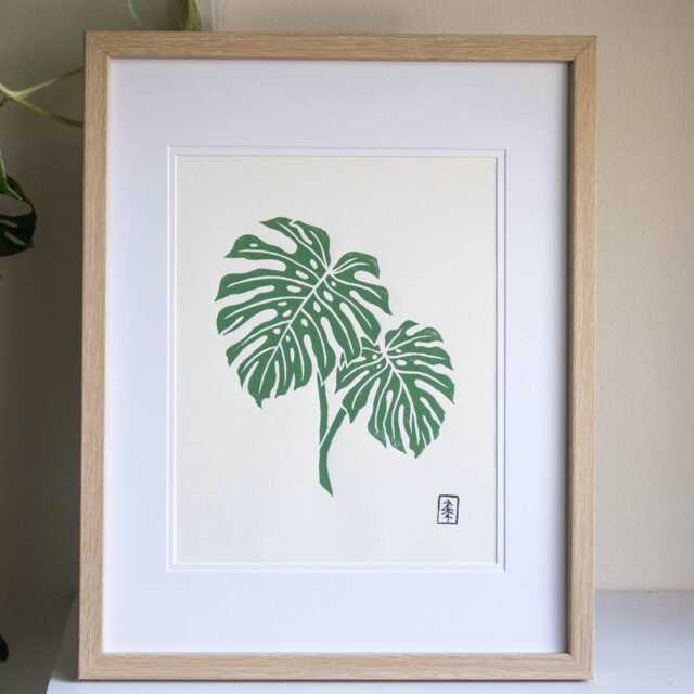Monstera #1 - Original Lino Art Print Hand Carved Plant Deliciosa - Green - image 1