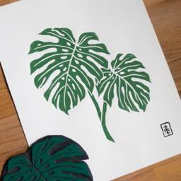 Monstera #1 - Original Lino Art Print Hand Carved Plant Deliciosa - Green - thumbnail 3