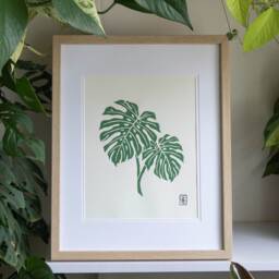 Monstera #1 - Original Lino Art Print Hand Carved Plant Deliciosa - Green - thumbnail 2