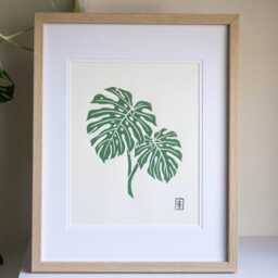 Monstera #1 - Original Lino Art Print Hand Carved Plant Deliciosa - Green - thumbnail 1