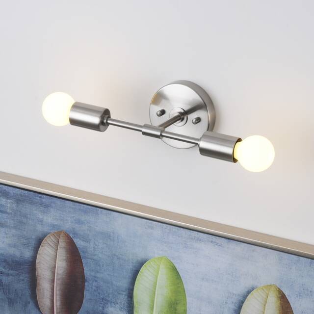 2 Light Brushed Nickel Wall Sconce - Modern Minimalist Lighting For Bathroom, Vanity & Hallway Industrial Exposed Bulb Lamp Fixture - image 1