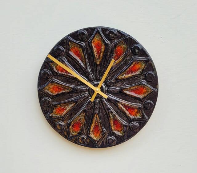 Unusual Hand Made Circular Round Black Glazed Wall Clock With Red Inlaid Glass 25 cm Diameter - image 1