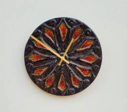 Unusual Hand Made Circular Round Black Glazed Wall Clock With Red Inlaid Glass 25 cm Diameter