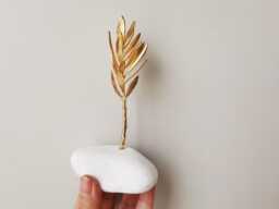 Gold Olive Branch Sculpture, Twig On White Stone, Greek Branch, Electroplated With Gold