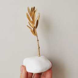 Gold Olive Branch Sculpture, Twig On White Stone, Greek Branch, Electroplated With Gold - thumbnail 2