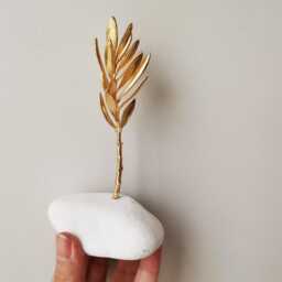 Gold Olive Branch Sculpture, Twig On White Stone, Greek Branch, Electroplated With Gold - thumbnail 4
