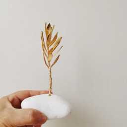 Gold Olive Branch Sculpture, Twig On White Stone, Greek Branch, Electroplated With Gold - thumbnail 3