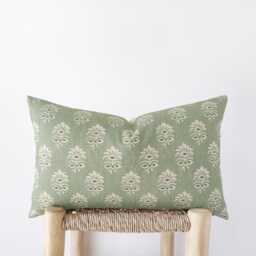 Olive Green Floral Lumbar Pillow Cover - Earth-Tone Decorative Cushion in Organic Cotton - thumbnail 1