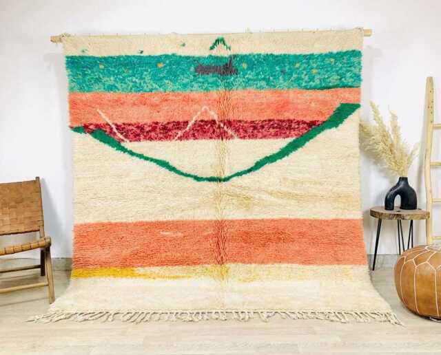 Moroccan Cream & Peachberber Rug, Handwoven Wool Shag Rug With Colorful Stripes, Authentic Beni Ourain Carpet, Large Area - image 1