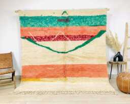 Moroccan Cream & Peachberber Rug, Handwoven Wool Shag Rug With Colorful Stripes, Authentic Beni Ourain Carpet, Large Area