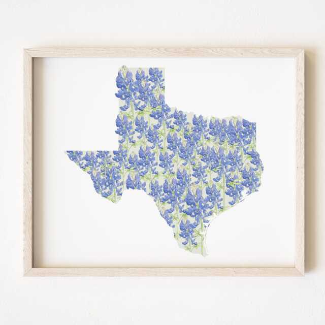 Texas State Flower Map Watercolor Bluebonnet - Art Print Wall Mothers Day Gift Graduation Wedding Anniversary Realtor Moving - image 1