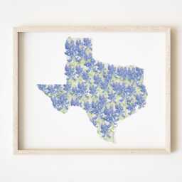 Texas State Flower Map Watercolor Bluebonnet - Art Print Wall Mothers Day Gift Graduation Wedding Anniversary Realtor Moving - thumbnail 1