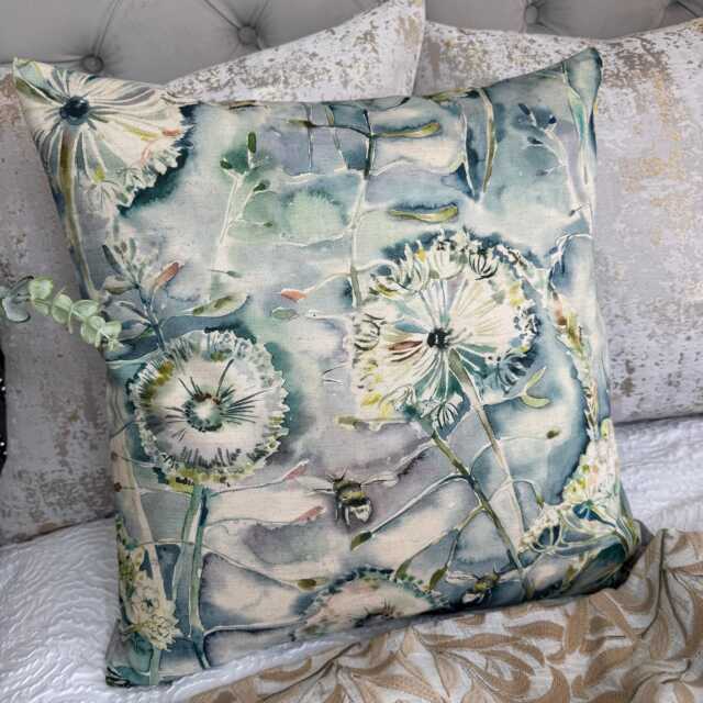 Decorative Cushion Cover Made in Voyage Maison Langdale Fabric Teal, Floral Bee Design Pillow Cover, Countryside Farmhouse Home Decor - image 1