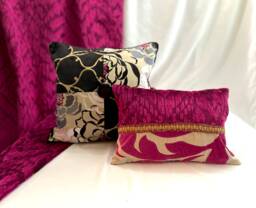 "Plum Velvet Appliqued Pillow Cover Designer Lorca Linen, 18""x 12" - thumbnail 1