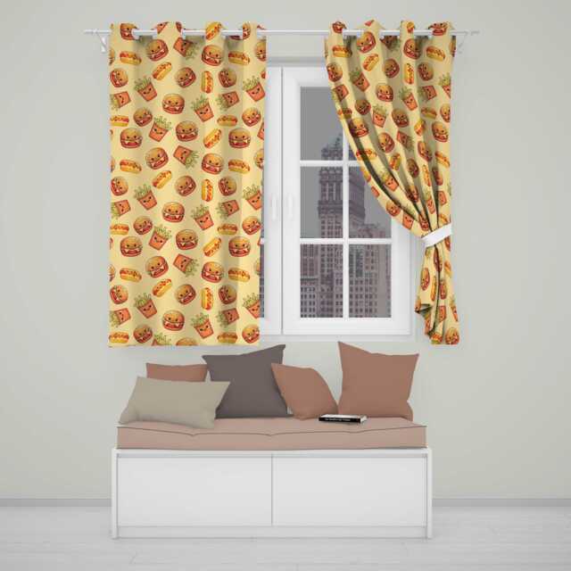 Cute Kawaii Burger Fries Hotdog Fast Food Seamless Pattern Beige Background Readymade Eyelet Ring Top Thermal 100% Blackout Curtains - image 1