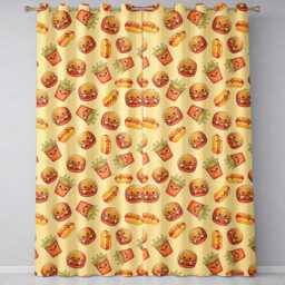Cute Kawaii Burger Fries Hotdog Fast Food Seamless Pattern Beige Background Readymade Eyelet Ring Top Thermal 100% Blackout Curtains - thumbnail 2