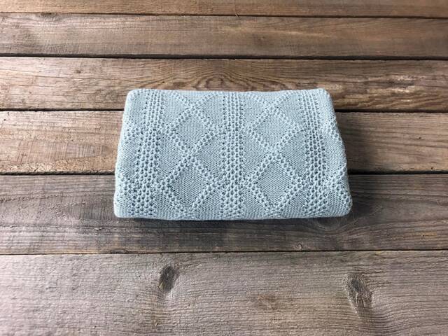 Blue Alpaca Blanket, Knit Wool Baby Wrap, Knitted Light Blue, Navy, Ivory, Throw, Girl, Boy, Newborn Gift, Shower, Photo Prop - image 1