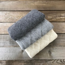 Blue Alpaca Blanket, Knit Wool Baby Wrap, Knitted Light Blue, Navy, Ivory, Throw, Girl, Boy, Newborn Gift, Shower, Photo Prop - thumbnail 3